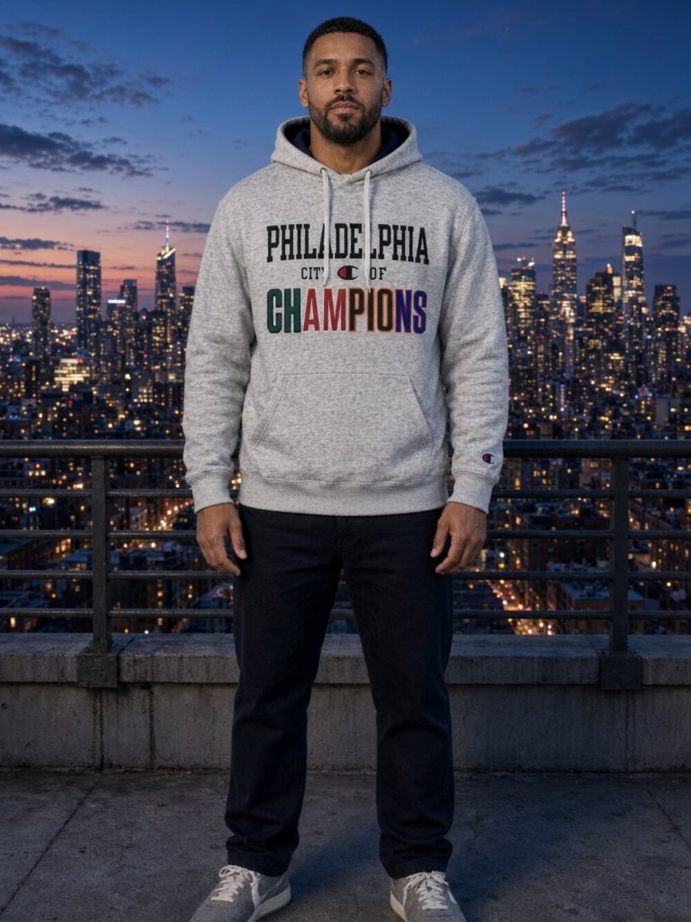Champion Men Unisex Gray Hoodie Long Sleeve Sport Casual Print Pullover US S